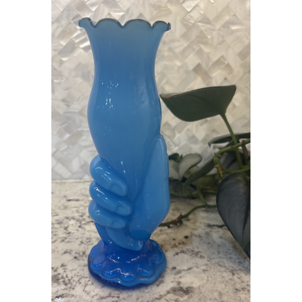Mcm Decor Glass Hand Shaped Vase Teal Blue Ruffled Top Marano Style 9" VTG